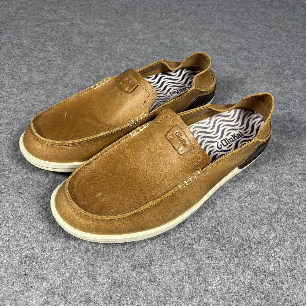 OluKai Men's Tan Leather Slip-On Loafers